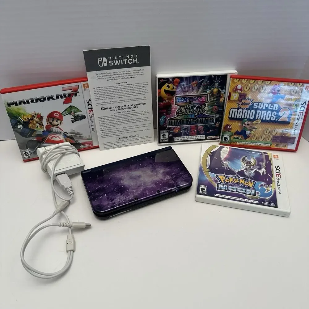 Nintendo New 3DS XL Purple Galaxy Edition - Charger, Stylus, Manual & 4 Games